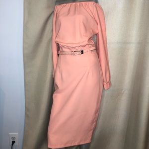 Dioni Peach Off the shoulder belted Dress